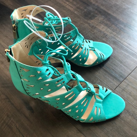 Avon Teal Lace Up Caged Heels - Picture 4 of 6